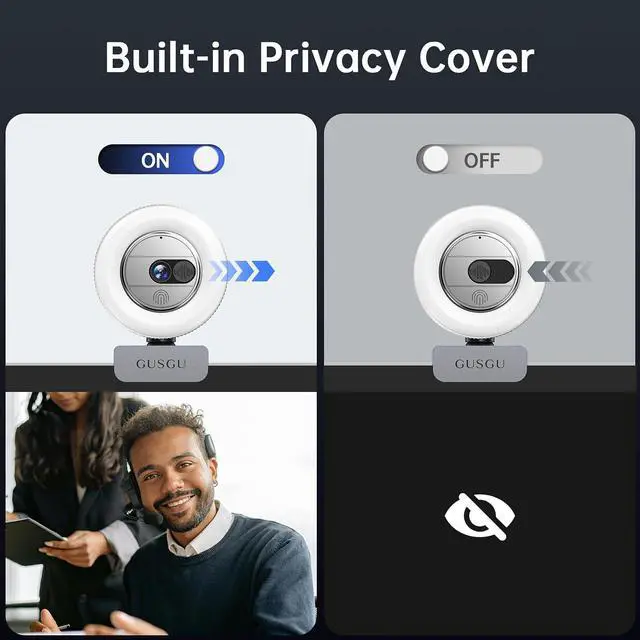 Alt view image 4 of 5 - GUSGU G910 2K Quad HD Webcam for PC, with Microphone & Light & Privacy Cover, Web Camera for Desktop Computer/Laptop/MacBook, USB Streaming Camera