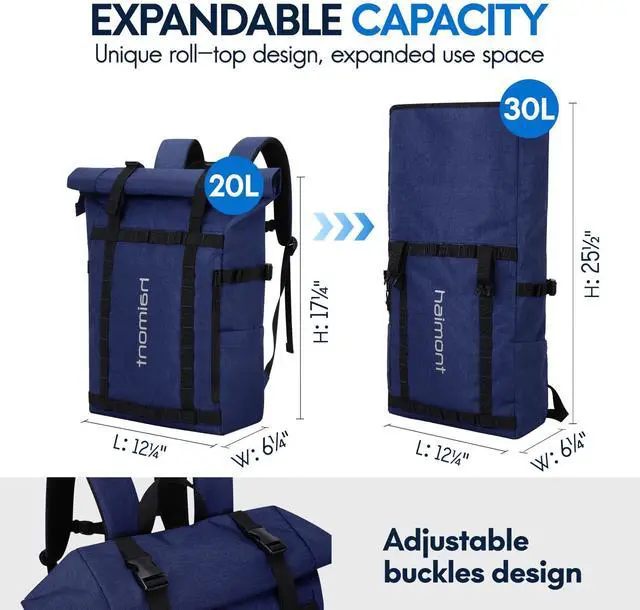 Alt view image 5 of 5 - Haimont Roll Top Laptop Backpack Water Resistant Travel Casual Daypack Backpack for Outdoors Camping, Hiking, Unisex, 20L, Navy Blue