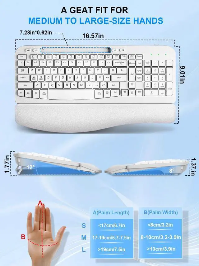 Alt view image 2 of 5 - Wireless Keyboard and Mouse Combo, Wave Keys Computer Ergonomic Keyboard with Cushioned Plam Rest, Phone Holder, 2.4GHz Silent 6 Button Wireless Mouse Set for Laptop, PC, Windows, Mac (White)