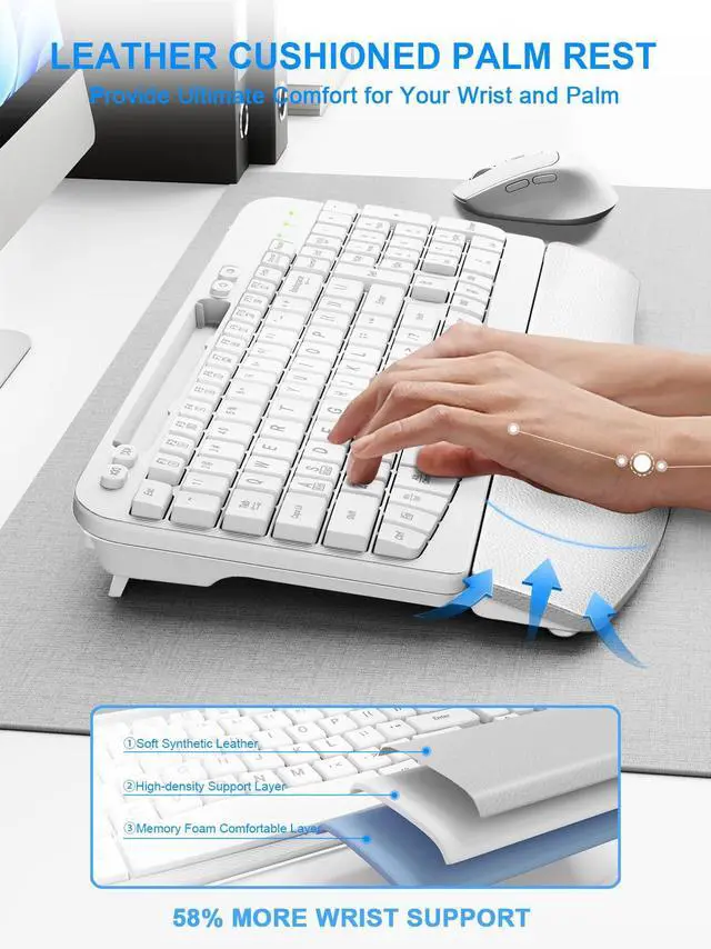 Alt view image 3 of 5 - Wireless Keyboard and Mouse Combo, Wave Keys Computer Ergonomic Keyboard with Cushioned Plam Rest, Phone Holder, 2.4GHz Silent 6 Button Wireless Mouse Set for Laptop, PC, Windows, Mac (White)