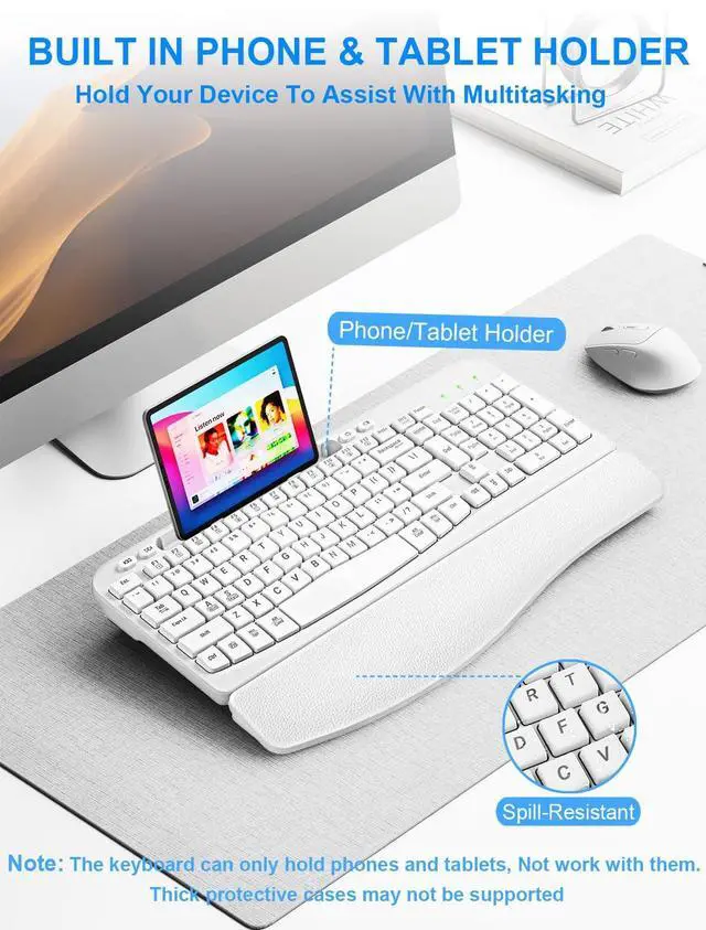 Alt view image 5 of 5 - Wireless Keyboard and Mouse Combo, Wave Keys Computer Ergonomic Keyboard with Cushioned Plam Rest, Phone Holder, 2.4GHz Silent 6 Button Wireless Mouse Set for Laptop, PC, Windows, Mac (White)