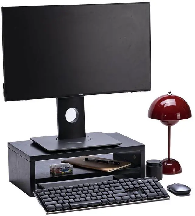 Alt view image 2 of 5 - Black Monitor Stand, Monitor Riser Wood, Wood Monitor Stand, Wooden Monitor Riser for Monitors/Laptop/PC Desk Risers for Monitors Standing, 2 Tier Monitor Stand, Desk Shelf for Desktop 2-Tier Black