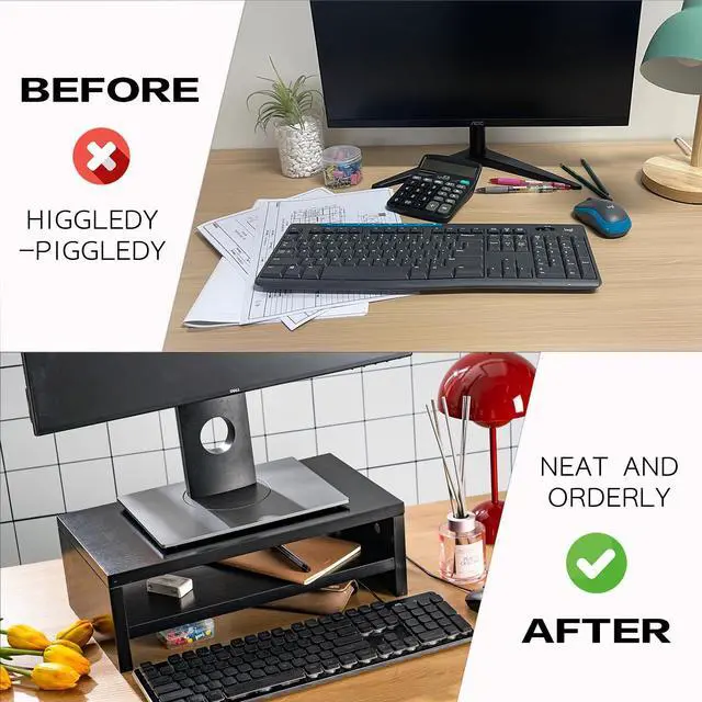 Alt view image 3 of 5 - Black Monitor Stand, Monitor Riser Wood, Wood Monitor Stand, Wooden Monitor Riser for Monitors/Laptop/PC Desk Risers for Monitors Standing, 2 Tier Monitor Stand, Desk Shelf for Desktop 2-Tier Black