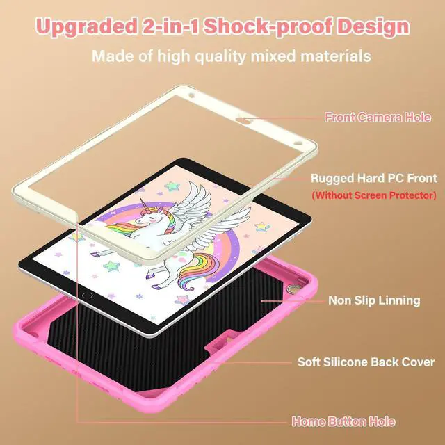 Alt view image 3 of 5 - Hogenl for iPad 9th/ 8th/ 7th Generation Case for Kids with Shoulder Strap & Keychain,for iPad 10.2 Case with Unicorn Stand Pencil Holder Shockproof Full Body Protective Cover, Pink
