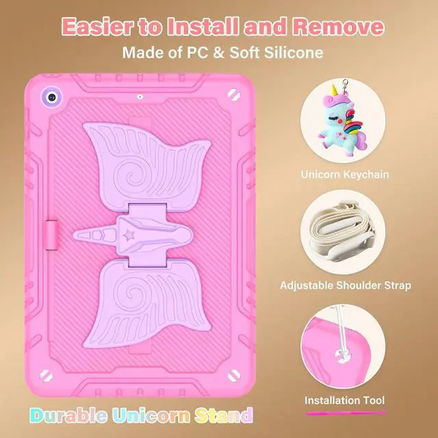 Alt view image 4 of 5 - Hogenl for iPad 9th/ 8th/ 7th Generation Case for Kids with Shoulder Strap & Keychain,for iPad 10.2 Case with Unicorn Stand Pencil Holder Shockproof Full Body Protective Cover, Pink