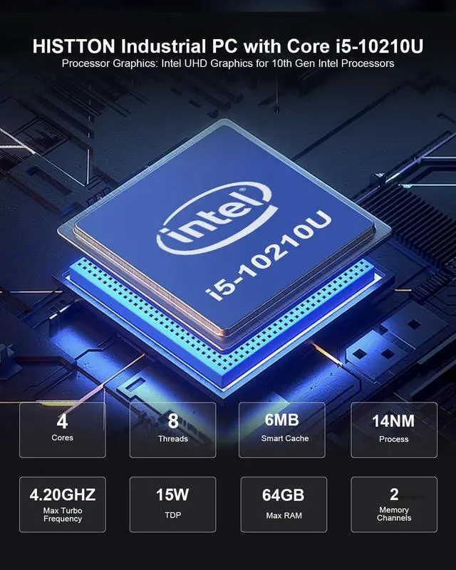 Alt view image 2 of 5 - HISTTON Industrial Mini PC Windows 11 Pro, Core i5-10210U DDR4 16GB 512GB M.2 SSD, Mini Computers Dual HD+DP 4K Triple Display, WiFi 5/BT4.2/USB3.0/RS232/485 COM, Mini Desktop Support Linux/Ubuntu
