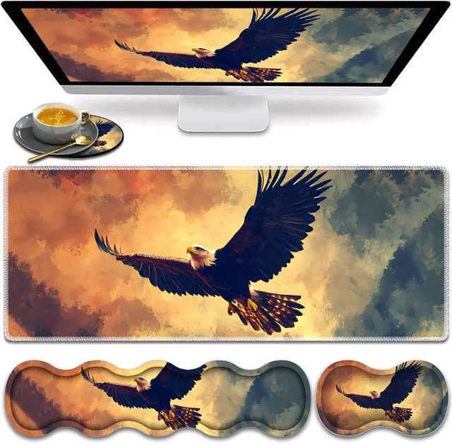 Main image of Large Gaming Mouse Pad, Keyboard Wrist Rest Pad + Mouse Wrist Pad + Coaster 4 in 1 Set, Extended Waterproof Non-Slip Desk Mat, Suitable for Office Home Learning Games, Flying Vulture