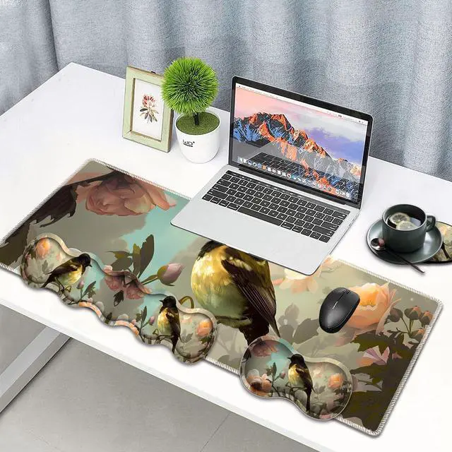 Alt view image 2 of 5 - Large Gaming Mouse Pad, Keyboard Wrist Rest Pad + Mouse Wrist Pad + Coaster 4 in 1 Set, Extended Waterproof Non-Slip Desk Mat, Suitable for Office Home Learning Games, Cute Bird