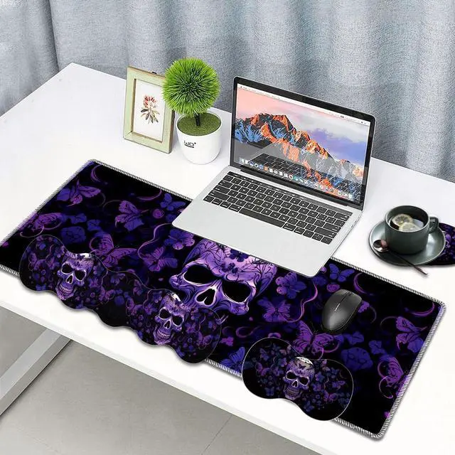 Alt view image 2 of 5 - Large Gaming Mouse Pad, Keyboard Wrist Rest Pad + Mouse Wrist Pad + Coaster 4 in 1 Set, Extended Waterproof Non-Slip Desk Mat, Suitable for Office Home Learning Games, Skull Butterfly