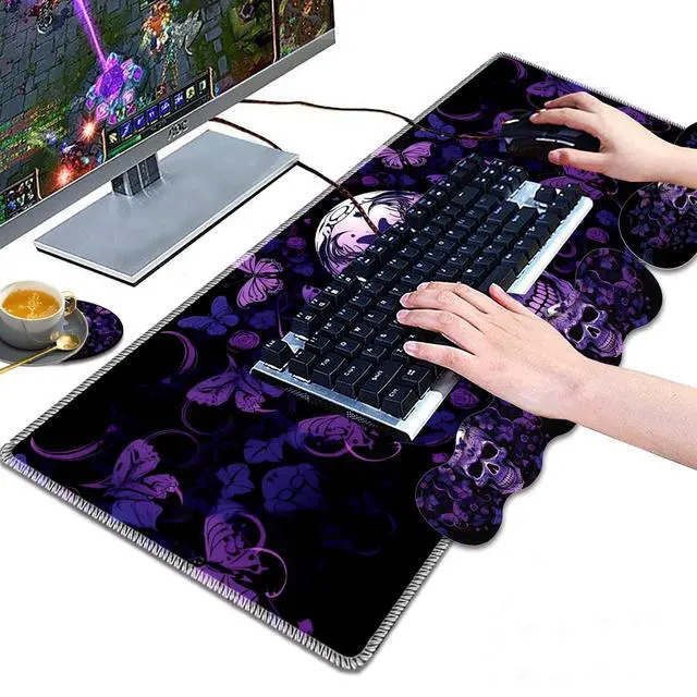 Alt view image 4 of 5 - Large Gaming Mouse Pad, Keyboard Wrist Rest Pad + Mouse Wrist Pad + Coaster 4 in 1 Set, Extended Waterproof Non-Slip Desk Mat, Suitable for Office Home Learning Games, Skull Butterfly