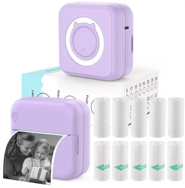 Main image of HUIJUTCHEN Mini Sticker Printer - Mini Pocket Printer for iPhone with 10 Rolls Thermal Paper for Journal, Memo, Photo, Purple
