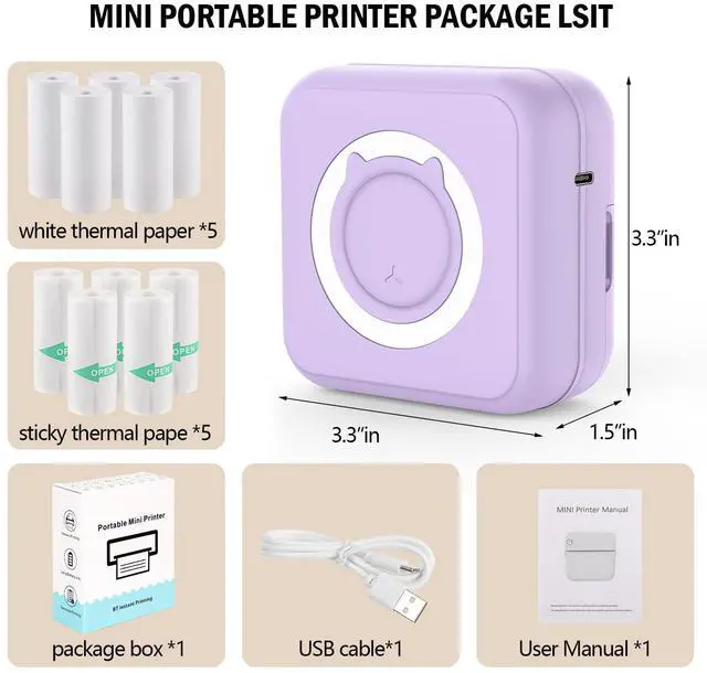 Alt view image 2 of 5 - HUIJUTCHEN Mini Sticker Printer - Mini Pocket Printer for iPhone with 10 Rolls Thermal Paper for Journal, Memo, Photo, Purple