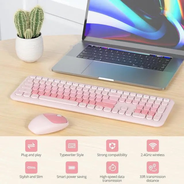 Alt view image 2 of 5 - iRoboosta Pink Colorful Wireless Keyboard and Mouse Combo Set, 2.4GHz Retro Typewriter Keyboard, Full Size Cute Keyboard with Number Pad, Home and Office Silent Keyboards (Light Pink)