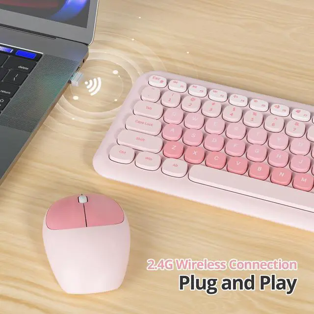 Alt view image 3 of 5 - iRoboosta Pink Colorful Wireless Keyboard and Mouse Combo Set, 2.4GHz Retro Typewriter Keyboard, Full Size Cute Keyboard with Number Pad, Home and Office Silent Keyboards (Light Pink)