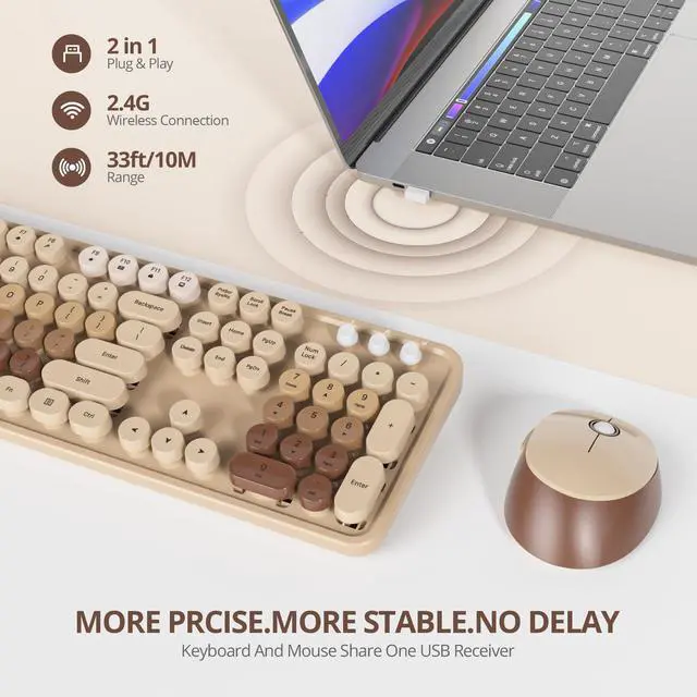 Alt view image 2 of 5 - iRoboosta Brown Colorful Wireless Keyboard and Mouse Combo Set, 2.4GHz Cute Typewriter Keyboard with Round Keycaps, Full Size with Number Pad, Home and Office Aesthetic Keyboards (Brown)