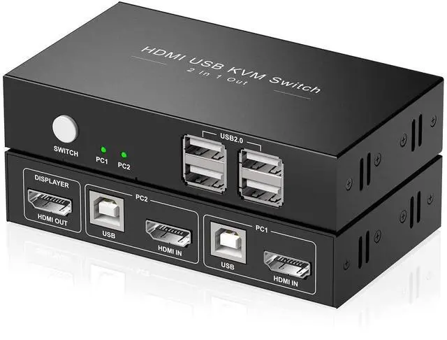 Main image of HDMI KVM Switch 1 Monitors 2 Computers, USB KVM Switches Sharing 4 USB, Support Wireless Keyboard and Mouse, Powered by USB, with 2 HDMI and 2 USB Cables...