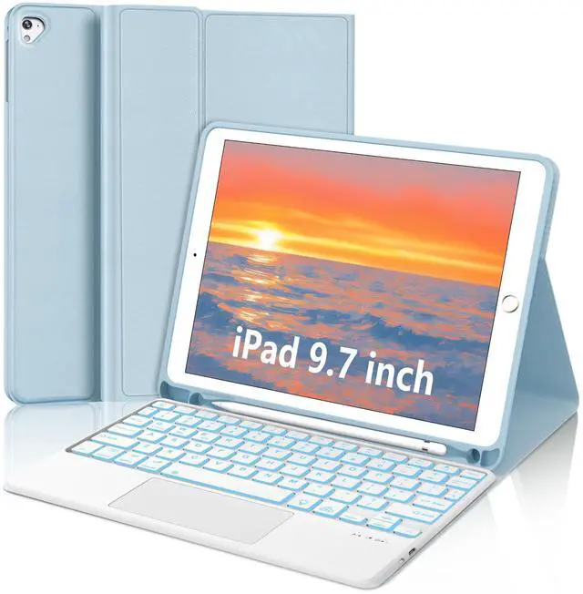 Main image of for iPad Keyboard case 9.7 inch, iPad 6th Gen (2018), iPad 5th Gen (2017), iPad Air 2 (2014), Multi-Touch Trackpad, Detachable Backlit Folio Keyboard Slim Cover with Pencil Holder,Light Blue