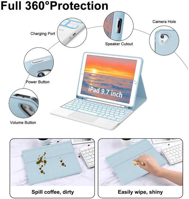 Alt view image 4 of 5 - for iPad Keyboard case 9.7 inch, iPad 6th Gen (2018), iPad 5th Gen (2017), iPad Air 2 (2014), Multi-Touch Trackpad, Detachable Backlit Folio Keyboard Slim Cover with Pencil Holder,Light Blue