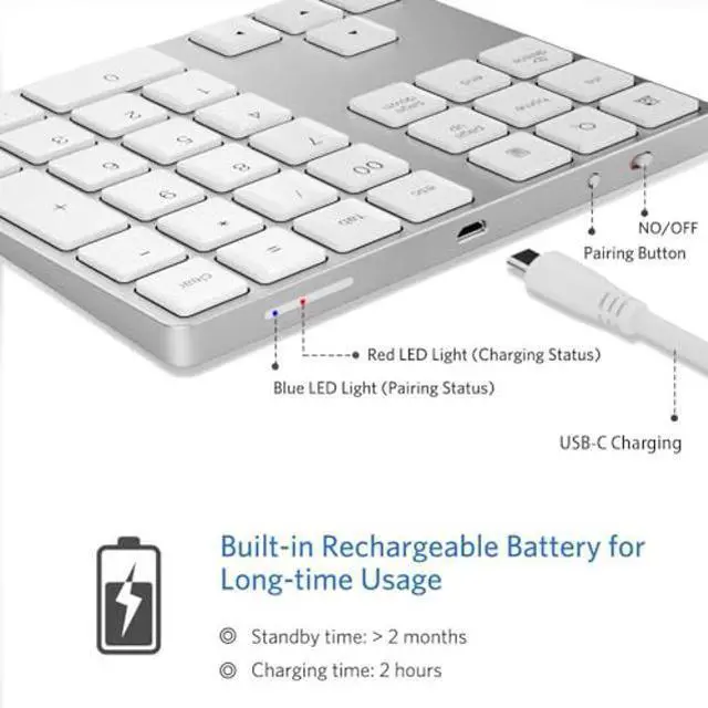 Alt view image 4 of 5 - JOYEKY Bluetooth Number Pad, Wireless Numeric Keypad, USB-C Rechargeable External 34-Keys Numpad, Financial Data Entry Keyboard for iMac, MacBook Air/Pro, PC Desktop, Laptop Notebook(Silver)