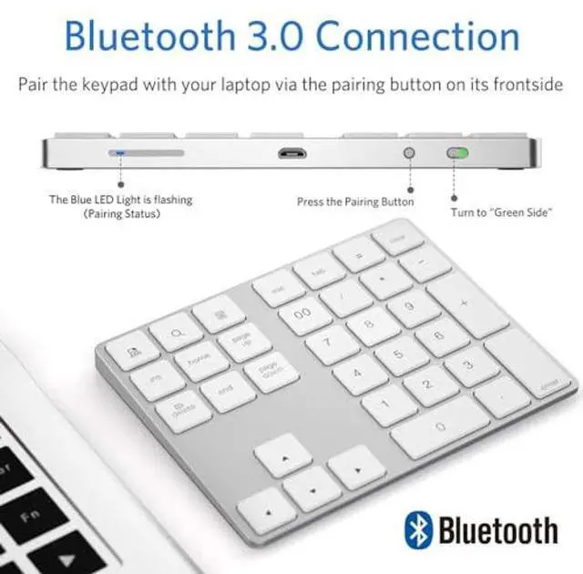 Alt view image 5 of 5 - JOYEKY Bluetooth Number Pad, Wireless Numeric Keypad, USB-C Rechargeable External 34-Keys Numpad, Financial Data Entry Keyboard for iMac, MacBook Air/Pro, PC Desktop, Laptop Notebook(Silver)