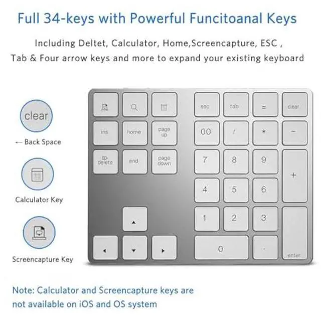 Alt view image 3 of 5 - JOYEKY Bluetooth Number Pad, Wireless Numeric Keypad, USB-C Rechargeable External 34-Keys Numpad, Financial Data Entry Keyboard for iMac, MacBook Air/Pro, PC Desktop, Laptop Notebook(Silver)