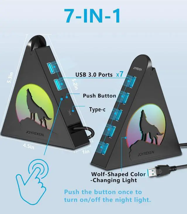 Alt view image 2 of 5 - JoyReken USB Hub 3.0, 7-Port USB Hub with RGB Night Light and Base, Vertical USB a Splitter for Desktop,Laptop, MacBook, Xbox, PS4/5, Game Console, Flash Drive, XPS, PC, Printer, Camera, Keyboard
