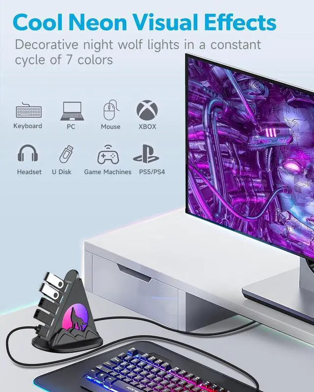 Alt view image 5 of 5 - JoyReken USB Hub 3.0, 7-Port USB Hub with RGB Night Light and Base, Vertical USB a Splitter for Desktop,Laptop, MacBook, Xbox, PS4/5, Game Console, Flash Drive, XPS, PC, Printer, Camera, Keyboard