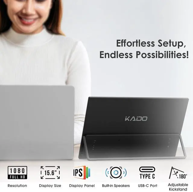 Alt view image 2 of 5 - Kado Portable Monitor 15.6'' FHD 1080p Aluminum Alloy Stand Set, Ultra-Slim Laptop Monitor 1920x1080 with Built-in Speakers, IPS Display for PC, Mac, Phone, Xbox, PS5, USB-C & HDMI Connectivity