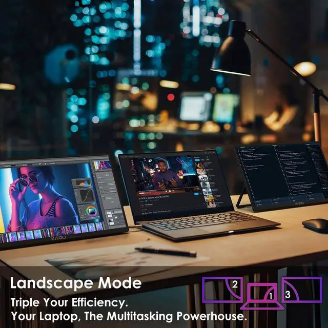 Alt view image 2 of 5 - Kado Dual Portable Monitor Setup - 2-Pack 15.6'' FHD 1080p, Ultra-Slim Laptop Monitor 1920x1080 with Built-in Speakers, IPS Display 180deg Kickstand Stacked Desktop Setup Office Gaming Daytrading
