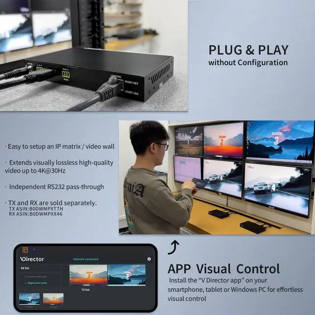 Alt view image 4 of 5 - 4K HDMI Over IP Matrix Extender Receiver for One to Many & Many to Many Video Matrix Setup, Up to 120m Over Network Switch, APP Control, Video Wall, Seamless Switching, PoE, RS232, Audio, Decoder