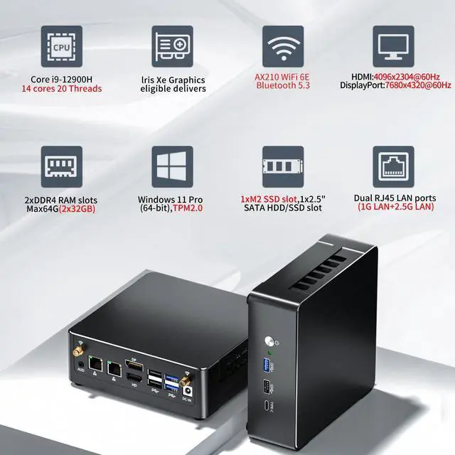 Alt view image 3 of 5 - Kinupute Mini PC i9, Desktop Computer with Core i9-12900H, 14 Cores Upto 5.0GHz, Windows 11 Pro, 64G DDR4, 1T M.2 PCIE4.0 SSD, DP/HDMI/USB-C Triple Display, Support 8K/4K@60Hz, Dual LAN, WiFi6E/BT5.3