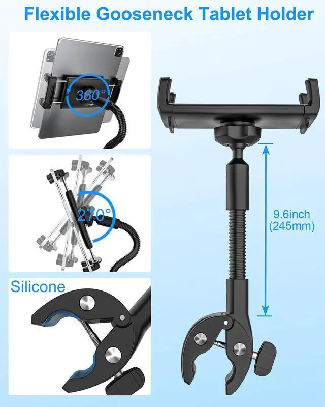 Alt view image 3 of 5 - Kolasels Gooseneck Tablet Holder for Bike, Motorcycle, Wheelchair, Treadmill, Exercise Bicycle, Scooter, Stroller, Handlebar Tablet Mount for iPad Pro, Air, Mini, Galaxy Tabs, 4.7-12.9" Tablet & Phone