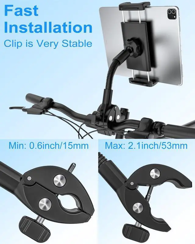 Alt view image 2 of 5 - Kolasels Gooseneck Tablet Holder for Bike, Motorcycle, Wheelchair, Treadmill, Exercise Bicycle, Scooter, Stroller, Handlebar Tablet Mount for iPad Pro, Air, Mini, Galaxy Tabs, 4.7-12.9" Tablet & Phone