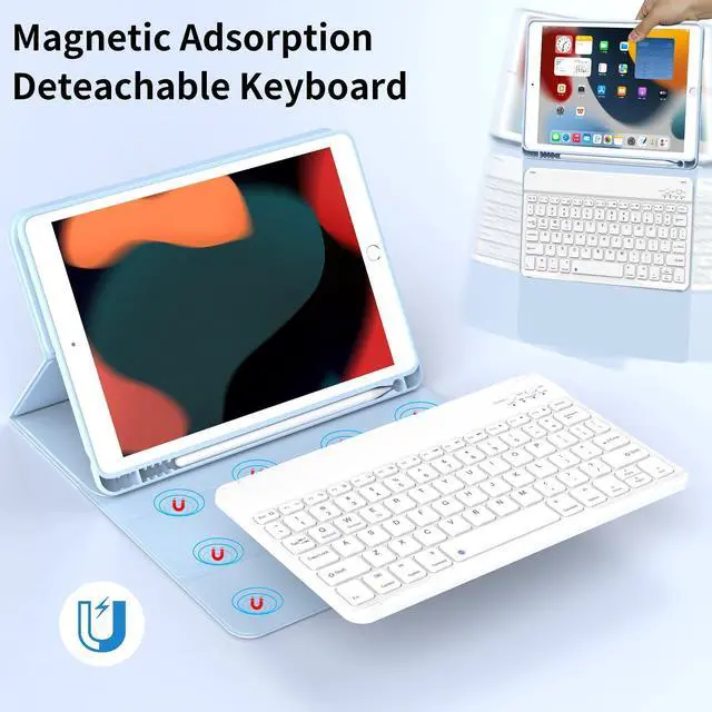Alt view image 2 of 5 - KVTVOU Keyboard for iPad 9th/8th/7th Generation (2021/2020/2019), Folio Detachable Wireless Bluetooth Keyboard, Flip Stand Case with Pencil Holder & Auto Wake/Sleep for iPad 10.2 Inch, Sky Blue
