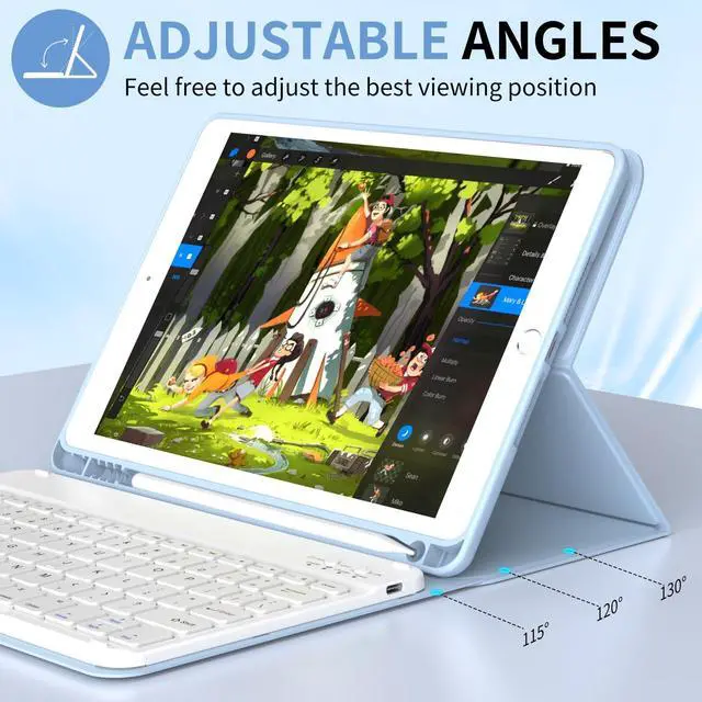 Alt view image 5 of 5 - KVTVOU Keyboard for iPad 9th/8th/7th Generation (2021/2020/2019), Folio Detachable Wireless Bluetooth Keyboard, Flip Stand Case with Pencil Holder & Auto Wake/Sleep for iPad 10.2 Inch, Sky Blue