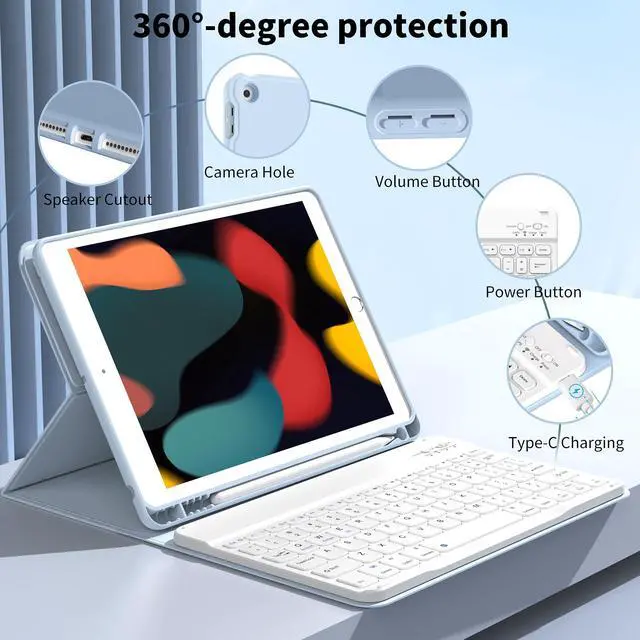 Alt view image 3 of 5 - KVTVOU Keyboard for iPad 9th/8th/7th Generation (2021/2020/2019), Folio Detachable Wireless Bluetooth Keyboard, Flip Stand Case with Pencil Holder & Auto Wake/Sleep for iPad 10.2 Inch, Sky Blue