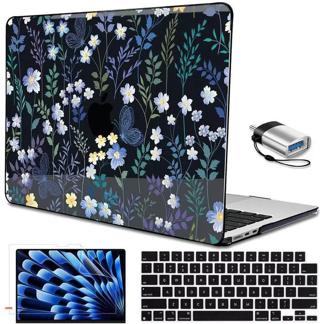 Main image of LCMOCICO for MacBook Air 15 inch Case 2025 2024 2023 Release M4 A3241 M3 A3114 M2 A2941 Liquid Retina Display & Touch ID, Pattern Plastic Hard Shell Case Protective Cover, Meadow Wildflower Black