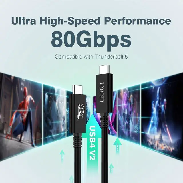 Alt view image 2 of 5 - LEIRUI USB C to USB C Cable 80Gbps for Thunderbolt 5 - 8K@60Hz 4K@540Hz/144Hz Displays, 240W PD Fast Charging Compatible With Thunderbolt 4/5, SSD, MacBook M4 Pro, Dock, eGPU
