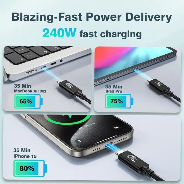 Alt view image 4 of 5 - LEIRUI USB C to USB C Cable 80Gbps for Thunderbolt 5 - 8K@60Hz 4K@540Hz/144Hz Displays, 240W PD Fast Charging Compatible With Thunderbolt 4/5, SSD, MacBook M4 Pro, Dock, eGPU