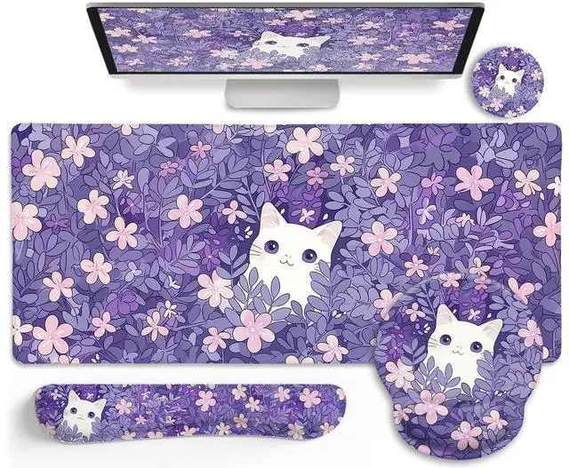 Main image of LIMKRIAN Purple Mouse Pad Large Desk Mat Set, Kawaii Cat Computer Mouse Pad with Wrist Rest Keyboard Wrist Support XXL Mousepad Cup Coaster Set, Cute Purple Office Desk Accessories Cat Decor Supplies
