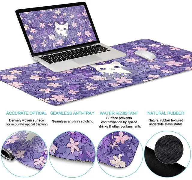 Alt view image 3 of 5 - LIMKRIAN Purple Mouse Pad Large Desk Mat Set, Kawaii Cat Computer Mouse Pad with Wrist Rest Keyboard Wrist Support XXL Mousepad Cup Coaster Set, Cute Purple Office Desk Accessories Cat Decor Supplies