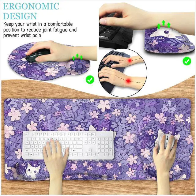 Alt view image 5 of 5 - LIMKRIAN Purple Mouse Pad Large Desk Mat Set, Kawaii Cat Computer Mouse Pad with Wrist Rest Keyboard Wrist Support XXL Mousepad Cup Coaster Set, Cute Purple Office Desk Accessories Cat Decor Supplies