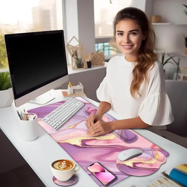 Alt view image 2 of 5 - LIMKRIAN Marble Mouse Pad Set Large Desk Matt for Desktop, Ergonomic Mouse Pad with Wrist Rest for Gaming Wrist Support Keyboard Mat Cup Coaster Set Office Desk Decor Accessories