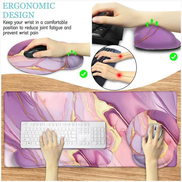 Alt view image 4 of 5 - LIMKRIAN Marble Mouse Pad Set Large Desk Matt for Desktop, Ergonomic Mouse Pad with Wrist Rest for Gaming Wrist Support Keyboard Mat Cup Coaster Set Office Desk Decor Accessories