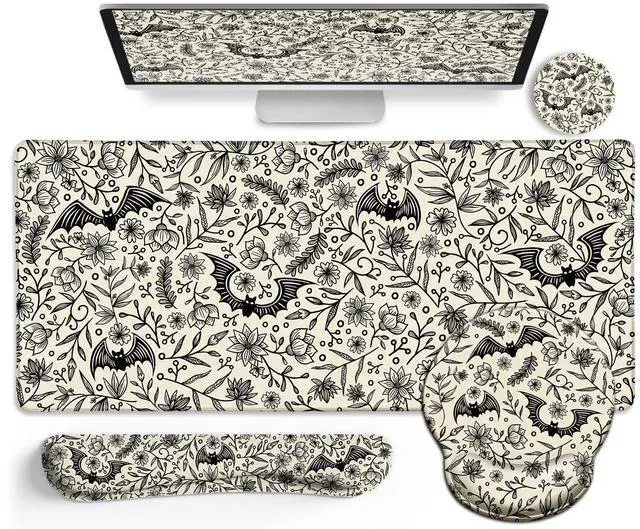 Main image of LIMKRIAN Goth Bat Mouse Pad Set Large Desk Mat for Desktop, Ergonomic Mouse Pad with Wrist Rest for Gaming, Keyboard Mat Wrist Support Cup Coaster Set, Gothic Office Desk Accessories Decor Supplies
