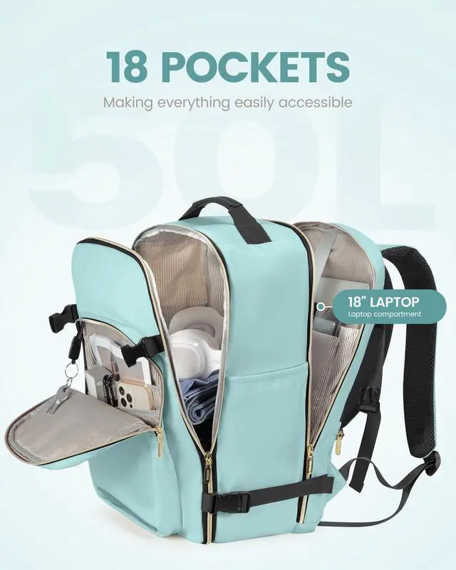 Alt view image 3 of 5 - LOVEVOOK Travel Backpack for Women Men as Personal Item Flight Approved, 50L Luggage Carry On Backpack,18.4 inch Large Daypack Laptop Backpack Waterproof Outdoor Sports with 3 Packing Cubes,Mint green