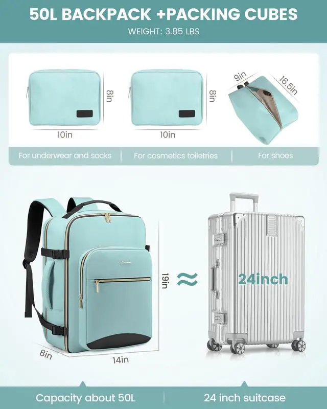 Alt view image 5 of 5 - LOVEVOOK Travel Backpack for Women Men as Personal Item Flight Approved, 50L Luggage Carry On Backpack,18.4 inch Large Daypack Laptop Backpack Waterproof Outdoor Sports with 3 Packing Cubes,Mint green