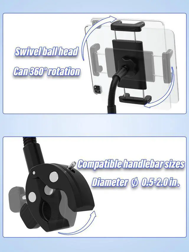 Alt view image 5 of 5 - LYFICCS Handlebar Tablet Goose-Neck Mount for Bike, Tablet Bicycle Holder for Gym, Peloton Bike, Treadmill Compatible with iPad 12.9 Pro/Air/Mini Galaxy Tabs, iPhone 4-13" Cellphone or Tablets