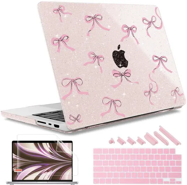 Main image of May Chen for MacBook Pro 14 inch M3 M2 M1 Chip (Models: A3401 A3185 A2918 A2995 A2779 A2442) 2021 2022 2023 2024 Release, Bow Print Hard Shell Case wtih Keyboard Cover, Sakura Pink Glitter