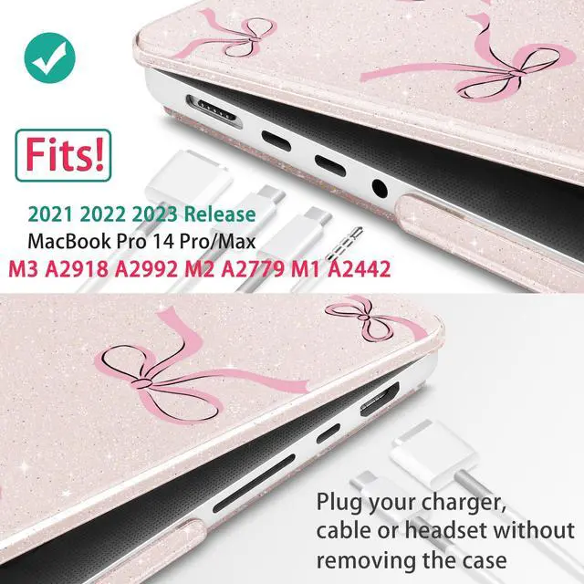 Alt view image 2 of 5 - May Chen for MacBook Pro 14 inch M3 M2 M1 Chip (Models: A3401 A3185 A2918 A2995 A2779 A2442) 2021 2022 2023 2024 Release, Bow Print Hard Shell Case wtih Keyboard Cover, Sakura Pink Glitter